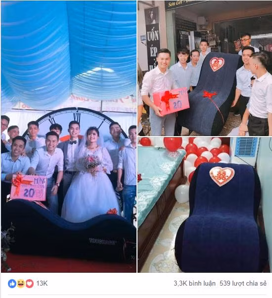 Trên nền nhạc chế nổi tiếng của TikTok, hơn chục đứa bạn thân của chú rể người thì khiêng ghế tình yêu, người thì cầm chậu nước, lồng bàn...