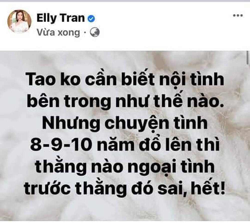 Từng là người có kinh nghiệm đối diện và ứng xử với "trà xanh" trong quá khứ, Elly Trần tỏ ra đồng cảm trước lùm xùm tình ái. Thậm chí, hot mom này còn gây bão khi đưa ra những phát ngôn về của mình về vấn đề này.