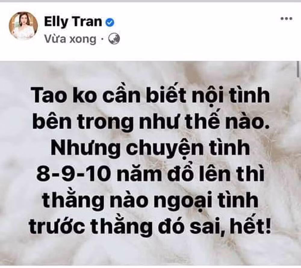 Từng là người có kinh nghiệm đối diện và ứng xử với "trà xanh" trong quá khứ, Elly Trần tỏ ra đồng cảm trước lùm xùm tình ái. Thậm chí, hot mom này còn gây bão khi đưa ra những phát ngôn về của mình về vấn đề này.