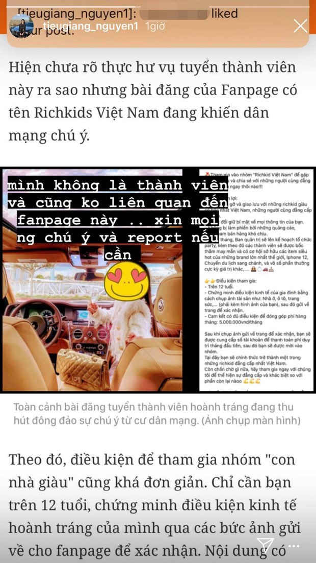 Kèm theo bài đăng, fanpage còn minh hoạ bằng bức hình một rich kid ngồi xe sang và bày túi hàng hiệu bên cạnh, đúng điệu con nhà giàu cho thêm phần thuyết phục. Ngay lập tức, dân tình nhận ra đó chính là cô nàng tên Tiểu Giang.
