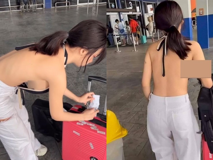Nữ DJ Đài Loan gây tranh cãi với trang phục khoe lưng khi đi ra sân bay.