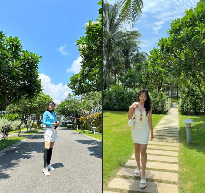 Tại khu nghỉ dưỡng hai mẹ con nhà Kim Huệ cùng chụp ảnh tại khung cảnh bình yên. Cô nàng sinh năm 2008 được mẹ chụp cho bức ảnh khoe trọn vóc dáng thon gọn.