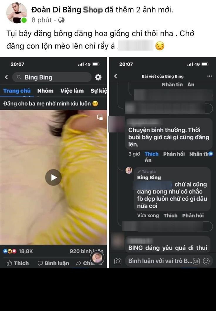 Cũng từ việc khoe ảnh con gái, Di Băng nhiều lần bị antifan bình luận kém duyên.