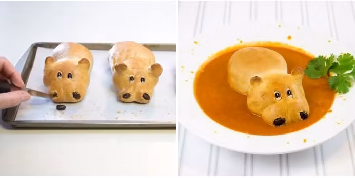 Những chú hà mà được làm từ bánh mì đang đầm mình dưới bát sụp trong cực thú vị.