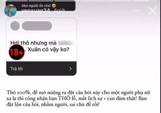 Mới đây, trên Instagram cá nhân, bạn gái thủ môn Đặng Văn Lâm mở hỏi đáp và hỏi thăm tình hình dân mạng: "Mọi người ổn chứ?". Tuy nhiên một tài khoản ẩn danh lại đề cập đến chuyện tế nhị rồi hỏi ngược: "Hơi thô nhưng mà thèm quan hệ tình dục. Xuân có vậy không?".
