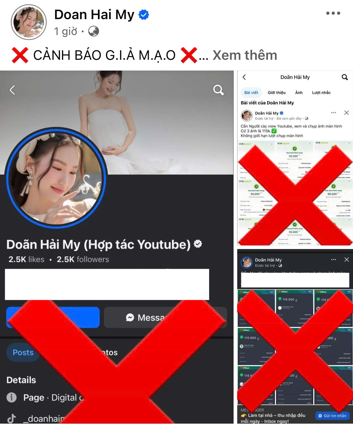 Theo đó, Doãn Hải My cho biết thời gian gần đây có nhiều tài khoản giả mạo cô và gia đình với mục đích lừa đảo, trục lợi,....