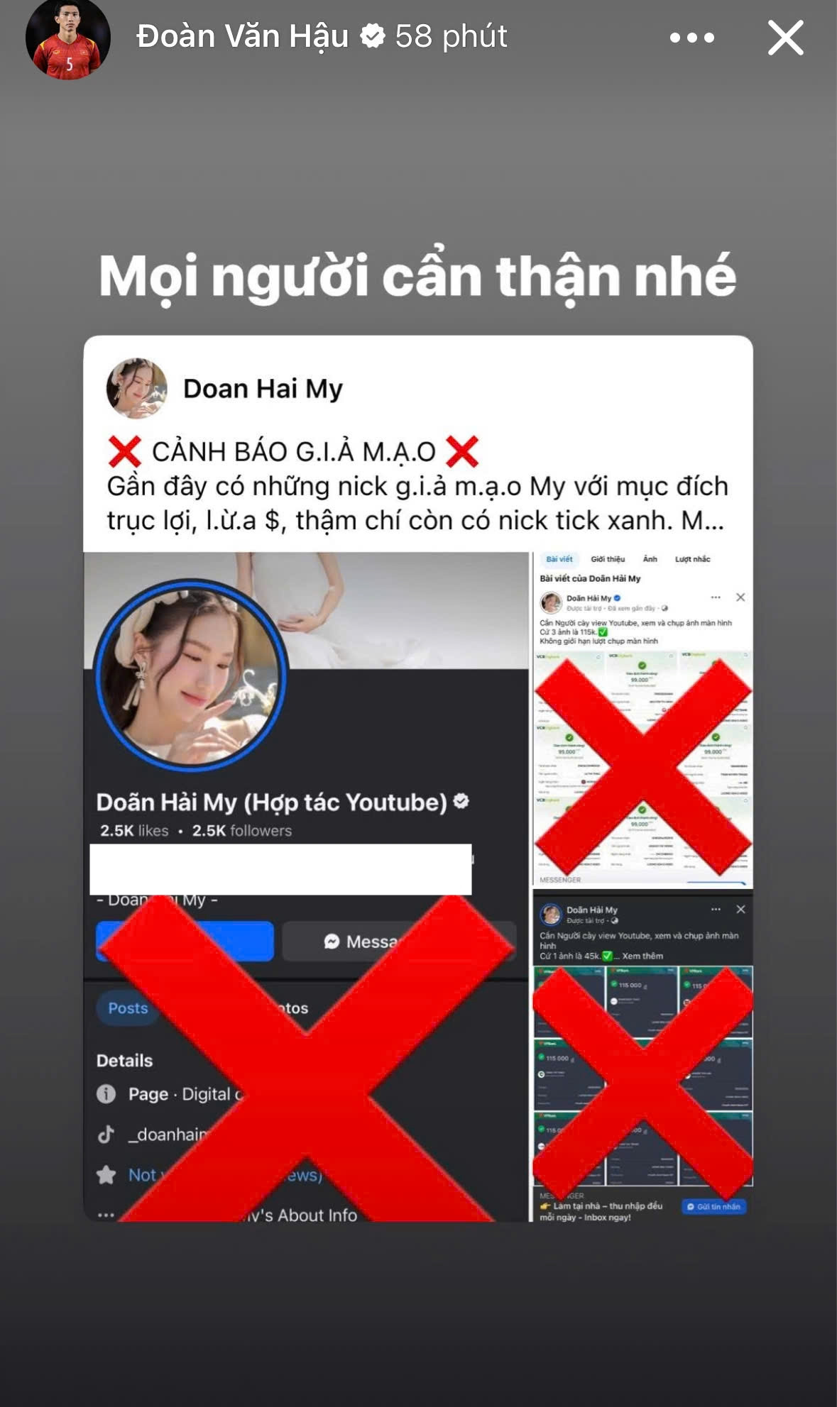 Các tài khoản giả mạo Doãn Hải My sử dụng các hình ảnh chính chủ, đăng tải các bài đăng với nội dung kiểu lời mời xem video kiếm tiền, hợp tác các dự án bán hàng,… Trong trường hợp khác, chúng có thể nhắn tin nhờ vả các việc riêng với mục đích lừa tiền,...