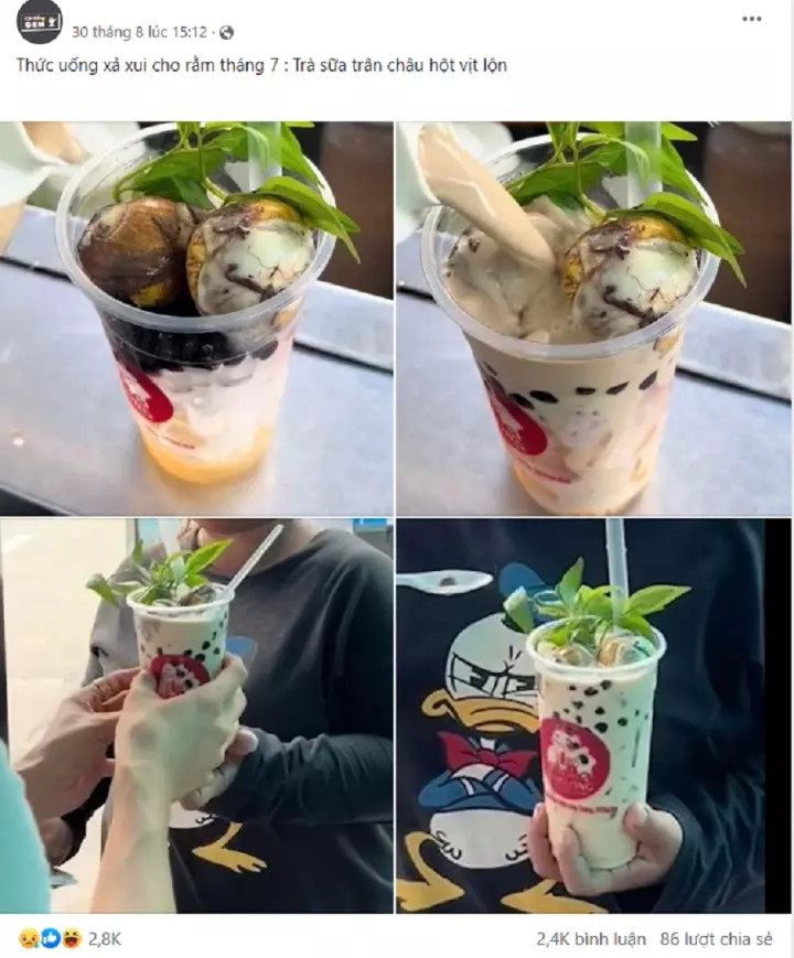 Một số người còn “chịu chơi” thay trứng vịt lộn bằng trứng bách thảo rồi trộn chung với trà sữa, vắt thêm trái tắc (quất) rồi mới thưởng thức trước ống kính.