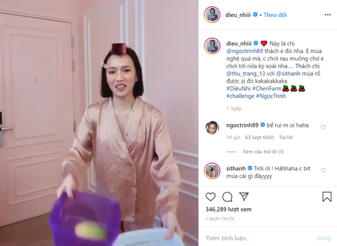 Không chỉ khoe tài vẩy rau điêu luyện, Ngọc Trinh còn tag tên 3 người bạn thân của mình là Vũ Khắc Tiệp, Diệu Nhi và Linh Chi thực hiện thử thách này.