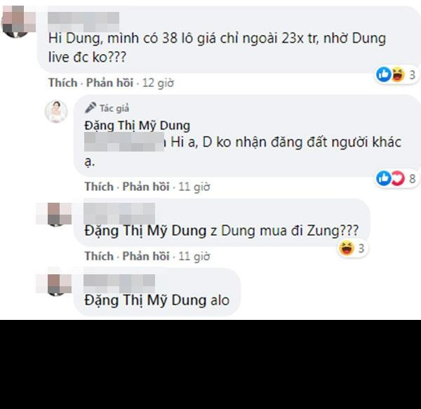 Nổi bật trong đó, một tài khoản vào comment: "Chào Dung, mình có 38 lô đất giá chỉ ngoài 23 triệu/m2, nhờ Dung live được không?".
