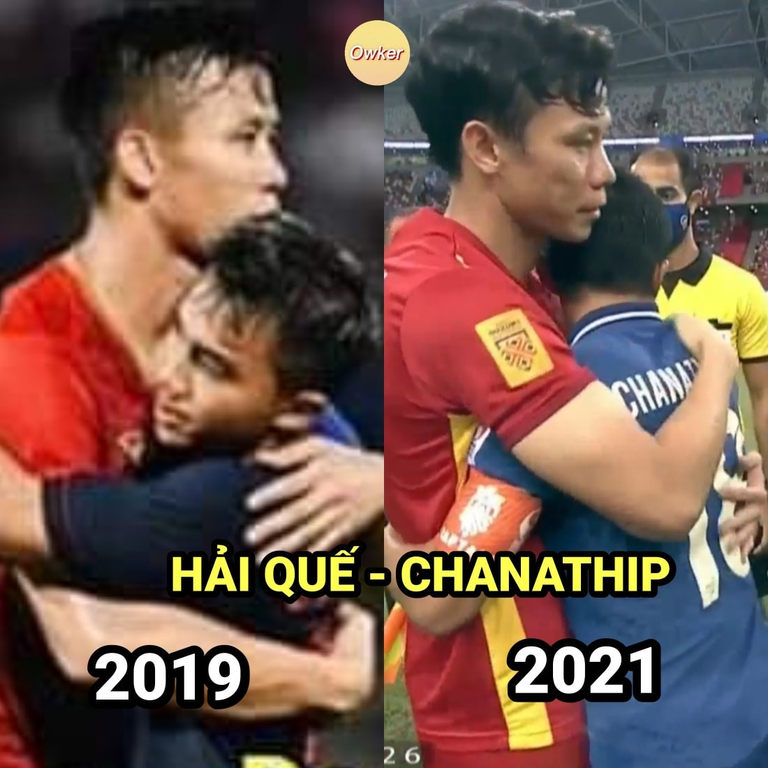 Tối 23/12, những bức ảnh chế bóng đá xoay quanh trận đấu bán kết lượt đi AFF Cup 2020 giữa đội tuyển Việt Nam và Thái Lan trở thành tâm điểm chú ý của netizen. Điển hình như khoảnh khắc Hải Quế và Chanathip ôm nhau sau 2 năm xa cách.