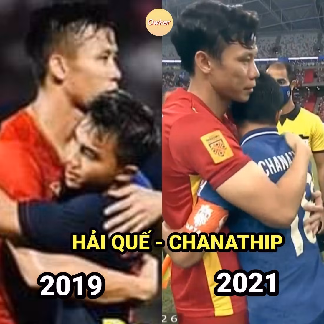 Tối 23/12, những bức ảnh chế bóng đá xoay quanh trận đấu bán kết lượt đi AFF Cup 2020 giữa đội tuyển Việt Nam và Thái Lan trở thành tâm điểm chú ý của netizen. Điển hình như khoảnh khắc Hải Quế và Chanathip ôm nhau sau 2 năm xa cách.