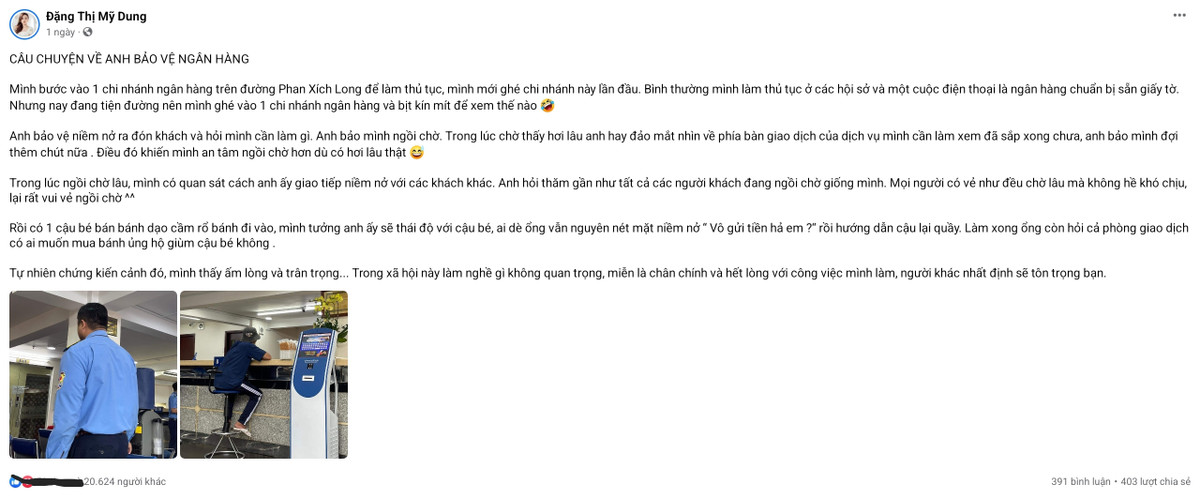 Mới đây, trên trang cá nhân, hot girl Midu đã chia sẻ câu chuyện xúc động về anh bảo vệ có tấm lòng dành cho cậu bé bán bánh mì bước vào ngân hàng.