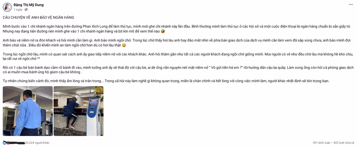 Mới đây, trên trang cá nhân, hot girl Midu đã chia sẻ câu chuyện xúc động về anh bảo vệ có tấm lòng dành cho cậu bé bán bánh mì bước vào ngân hàng.