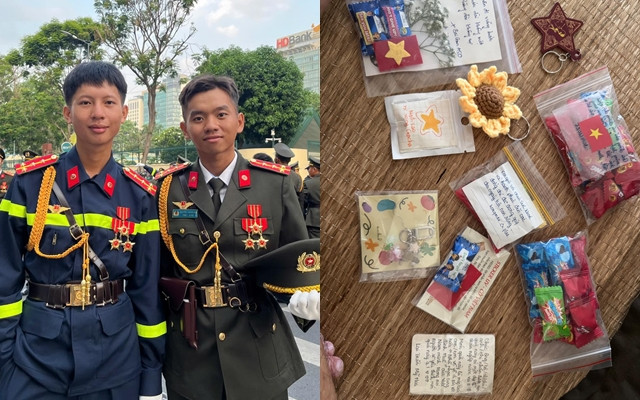 Chiến sĩ thuộc Khối Nam sĩ quan An ninh nhân dân (bên phải) gửi lời cảm ơn và đăng tải hình ảnh những túi kẹo nhỏ, chứa đựng những bức thư nhỏ là lời nhắn giữ sức khỏe, cảm ơn gây xúc động.