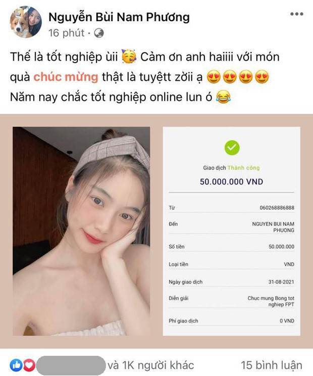 Cụ thể, Nam Phương viết: "Thế là tốt nghiệp rồi. Cảm ơn anh hai với món quà chúc mừng thật là tuyệt vời ạ. Năm nay chắc tốt nghiệp online luôn á".