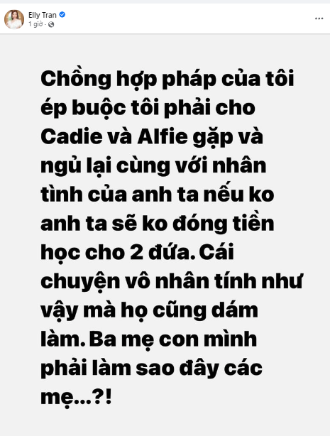 Mới đây nhất mạng xã hội "dậy sóng" trước bài đăng tố "chồng hợp pháp" của Elly Trần sống tệ. Theo đó nàng hot girl 8X bức xúc viết trên trang cá nhân: "Chồng hợp pháp của tôi ép buộc tôi phải cho Cadie và Alfie gặp và ngủ lại cùng nhân tình của anh ta nếu không anh ta sẽ không đóng tiền học cho hai đứa".