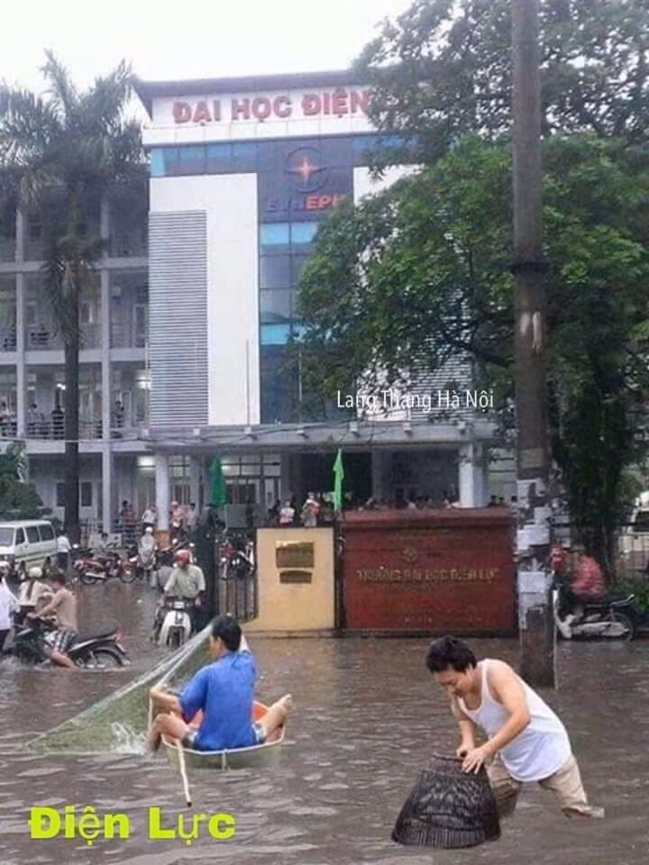 Cổng trường Đại học Điện lực ngập có thể b ắt được cả cá.