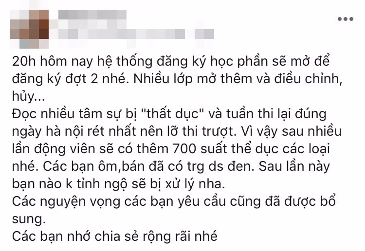 Nhiều trường hợp đã bị nhà trường phát giác và có chế tài xử lý. Hay tại nhiều nơi, phòng đào tạo cũng đã cố gắng tạo điều kiện bằng cách mở thêm lớp thể dục để các bạn học lại, học thêm có cơ hội.