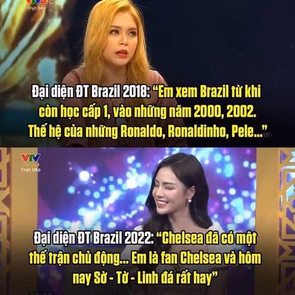 Sau lần “lỡ lời” của Cao Trang trên sóng truyền hình, nhiều người lập tức nhớ lại một trường hợp tương tự cách đây 4 năm, cũng đến từ hot girl đại diện đội tuyển Brazil. Đó chính là Cao Diệp Anh với câu trả lời: "Từ khi em còn học cấp 1, nghĩa là vào những năm 2000, 2002. Thế hệ của Ronaldo, Ronaldinho, Pele...”.