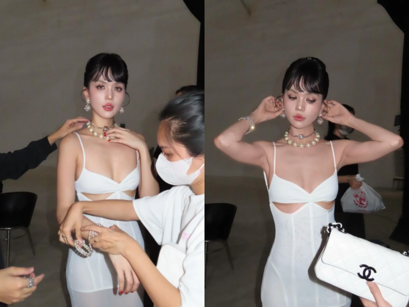 Điểm nhấn của bộ trang phục cần kể đến những phụ kiện ngọc trai cổ điển, mà Ngọc Trinh chọn lựa để tăng thêm sự sang trọng.