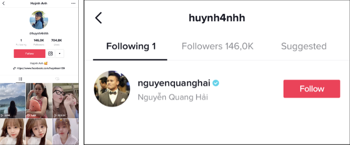 Bên cạnh đó, nhiều người còn phát hiện cầu thủ Quang Hải đã âm thầm bỏ theo dõi Huỳnh Anh trên TikTok. Trước đó, chàng tiền vệ từng là một trong số những thành viên của "hội follow mình em".
