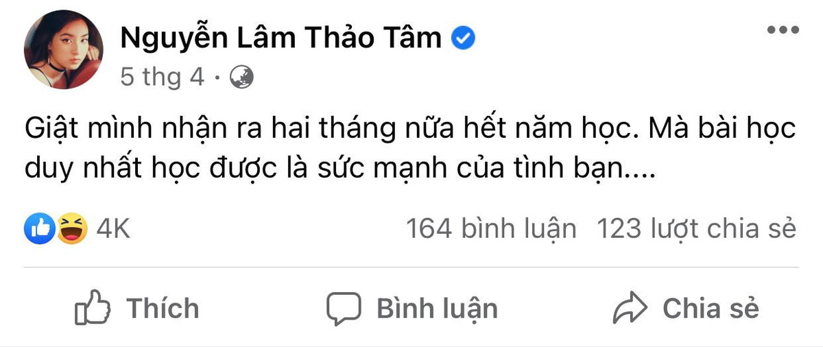 Nếu theo dõi trang cá nhân của Thảo Tâm, người hâm mộ sẽ thường xuyên đọc được những status hài hước chia sẻ về các vấn đề "chuẩn Gen Z" như học trực tuyến, quan hệ bạn bè...