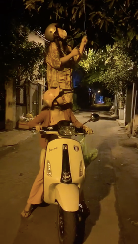 Vì quả xoài toàn treo tít trên ngọn cây mà chiều cao lại có hạn nên 2 cô gái đã sử dụng luôn con xe máy của mình để trèo lên. Người ngồi trước giữ cho xe thăng bằng, người ngồi sau thì đứng luôn lên yên xe và hái.