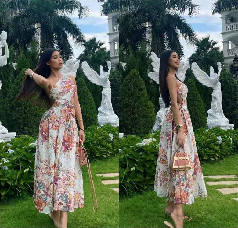 Tiên Nguyễn diện sét đồ họa tiết nhẹ nhàng. Phụ kiện đi kèm là đồ trang sức đến từ các thương hiệu cao cấp như Hermer, Cartier,....