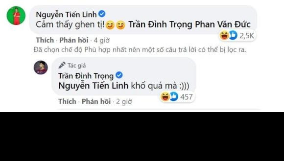 Dưới bình luận của Trần Đình Trọng, nhiều cầu thủ như Tiến Linh, Bùi Tiến Dũng, Hồ Tuấn Tài đều để lại dòng nhắn chúng mừng.