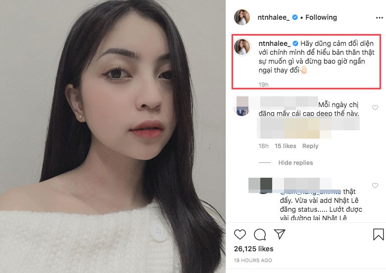 Tuy nhiên, nếu để ý kĩ trên trang cá nhân của hot girl Nhật Lê vẫn tối ngày đăng ảnh kèm những dòng status đầy tâm trạng, kiểu như đang thất tình khiến nhiều người cảm thấy "ngứa ngáy".,