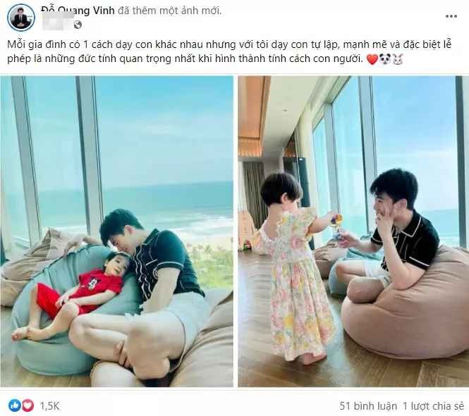 Đỗ Quang Vinh viết: "Đừng ai nói rằng trẻ con sẽ không biết gì? Muốn con ngoan, hiểu biết, phát triển đúng thì việc dành thời gian bên con, kể con nghe những câu chuyện, những bài học trong sách vở cũng như trong cuộc sống từ khi còn nhỏ là rất quan trọng. Trẻ con bây giờ thông minh lắm, được tiếp xúc sớm với những kênh thông tin hiện đại, những bộ phim hoạt hình trí tuệ nên việc luôn dạy cho con cái gì đúng, cái gì sai là điều nên làm. Thỏ và Gấu của ba trộm vía đi học ngoan, lễ phép và rất thích tìm hiểu, nghe và học hỏi. Dù đang ốm nhưng cũng vẫn tươi vì được nghe ba kể chuyện...