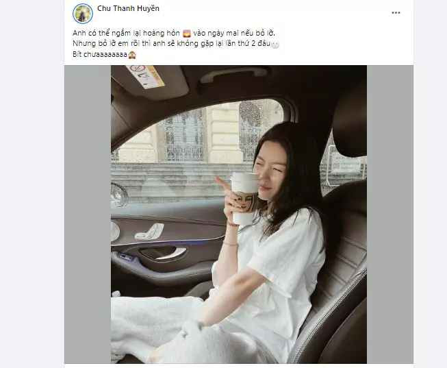 Mới đây, Chu Thanh Huyền đã đăng tải tấm hình xinh đẹp của mình lên trang cá nhân kèm dòng caption thả thính: "Anh có thể ngắm lại hoàng hôn vào ngày mai nếu bỏ lỡ. Nhưng bỏ lỡ em rồi thì anh sẽ không gặp lại lần thứ 2 đâu".