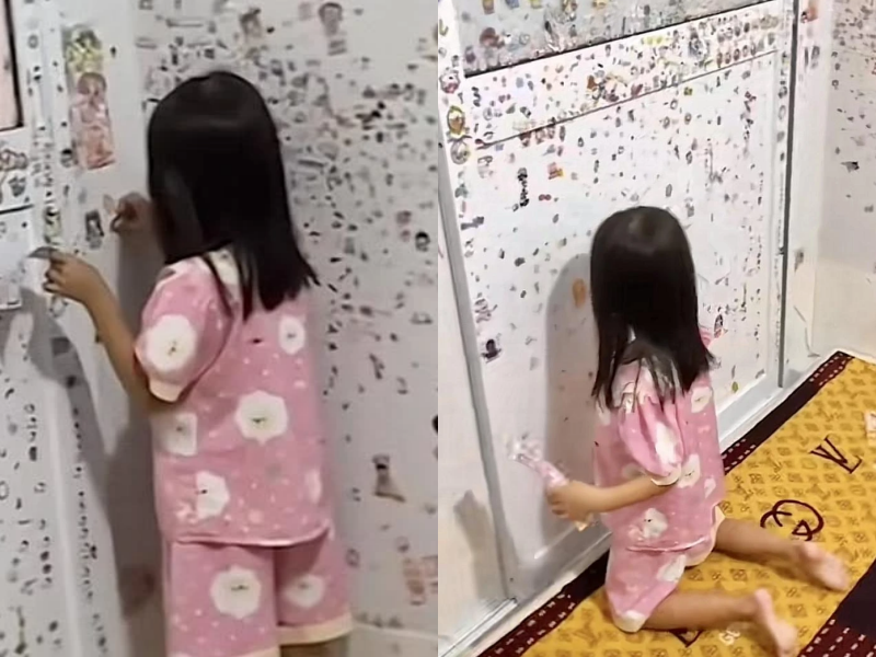 Với hàng ngàn sticker được người mẹ mua sẵn, cô bé đã dán chúng lên khắp mọi nơi. Bức tường có vẻ trắng trơn nay bỗng nhiên xuất hiện ti tỉ hình dán to nhỏ khác nhau. Thậm chí, cánh cửa ra vào hay chiếc màn hình ti vi cũng không nằm ngoài danh sách bị hại.