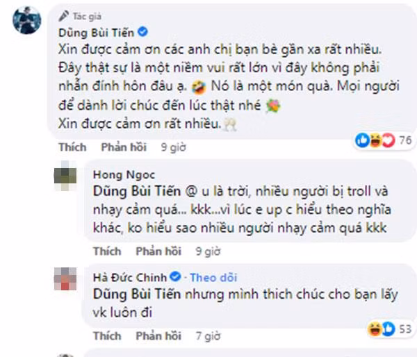 Khi nhận được vô số lời chúc phúc từ người thân, bạn bè, mới đây Bùi Tiến Dũng lên tiếng nói rõ về thông tin sắp kết hôn. Cụ thể, ở phần bình luận của bài đăng về cặp nhẫn, chàng thủ thành gốc Thanh Hóa phủ nhận.