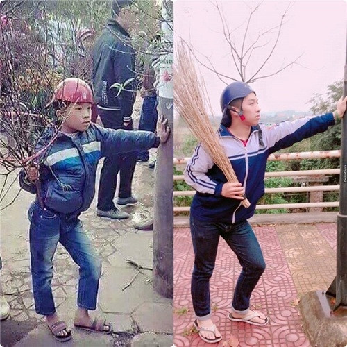 Không có cành đào thì em dùng tạm cây chổi vậy.