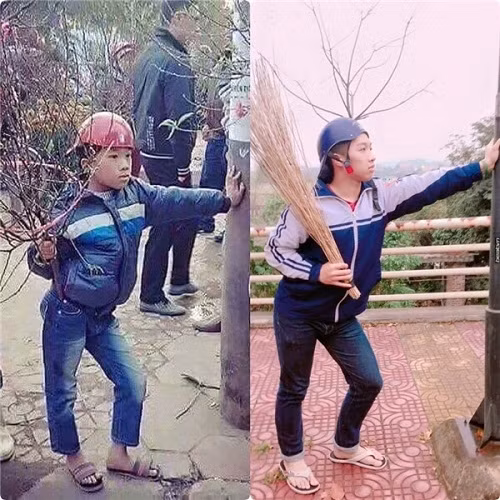 Không có cành đào thì em dùng tạm cây chổi vậy.