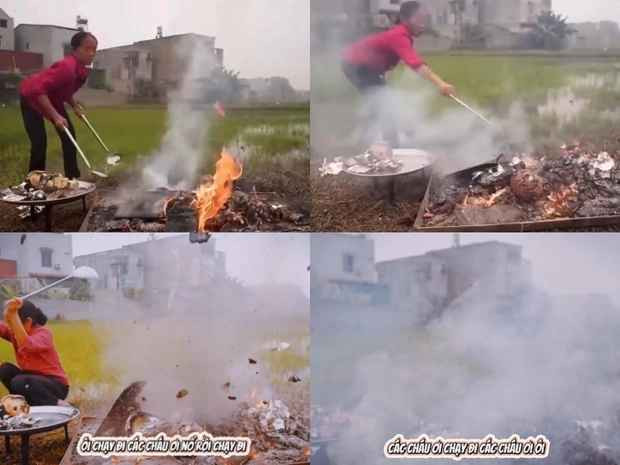 Sau khi những trái trứng bị nổ bà Tân chia sẻ rằng: "Đây là lần đầu bà nướng trứng, bà không nghĩ nó sẽ nổ. Qua clip này, bà khuyên các cháu cẩn thận khi nướng trứng nhé".