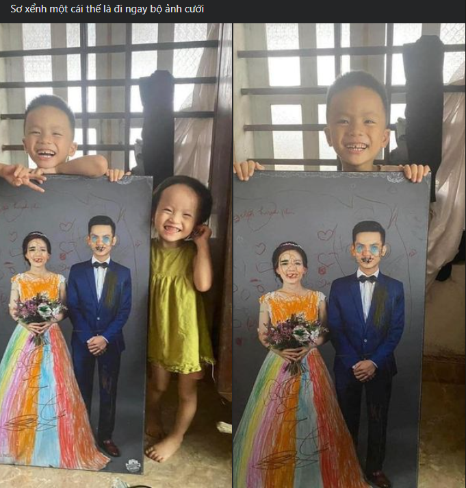 Mới đây, hình ảnh tấm ảnh cưới của một cặp vợ chồng khi rơi vào tay các nhóc tỳ của gia đình gây chú ý lớn trên mạng.