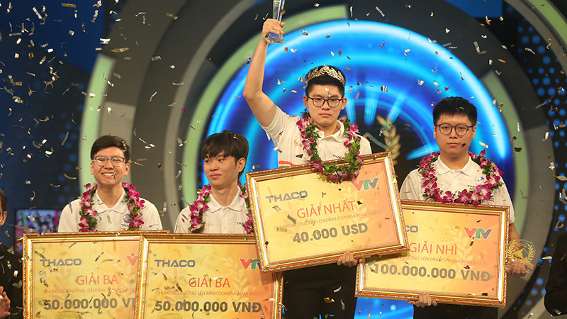 Kết quả chung cuộc chung kết Đường lên đỉnh Olympia 2021, Hoàng Khánh giành vòng nguyệt quế với 315 điểm, Hải An về nhì với 240 điểm, Việt Thái 155 điểm và Duy Anh 60 điểm cùng giành giải ba. Ảnh: Tổng hợp