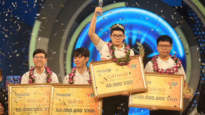 Kết quả chung cuộc chung kết Đường lên đỉnh Olympia 2021, Hoàng Khánh giành vòng nguyệt quế với 315 điểm, Hải An về nhì với 240 điểm, Việt Thái 155 điểm và Duy Anh 60 điểm cùng giành giải ba. Ảnh: Tổng hợp