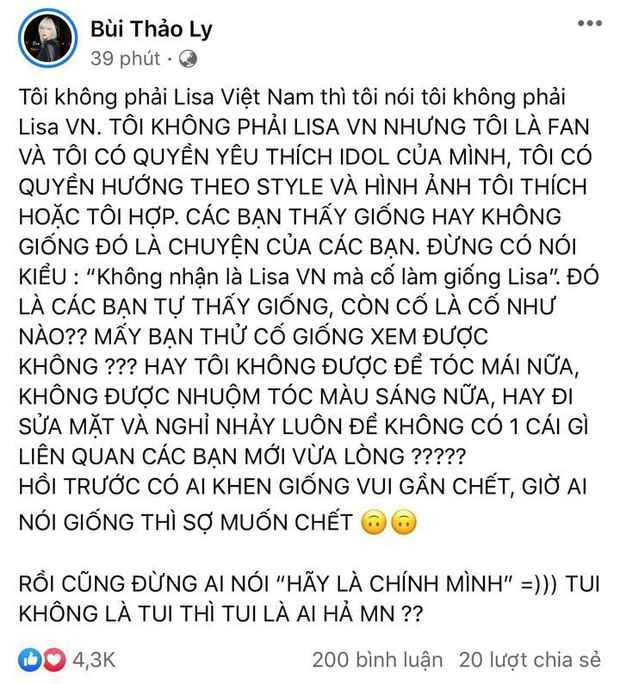 Tuy nhiên mới đây, nữ dancer này bất ngờ nổi đoá và đăng một status bày tỏ sự bức xúc lên trang cá nhân. Theo đó CiiN tuyên bố mình không phải "Lisa Việt Nam" mà là fan của Lisa và có quyền hướng theo style, hình ảnh tôi thấy thích hoặc hợp.