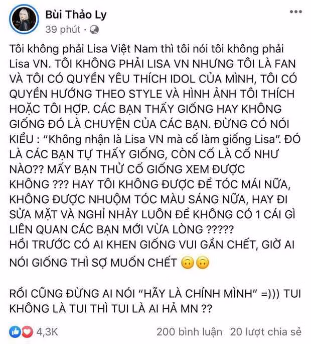 Tuy nhiên mới đây, nữ dancer này bất ngờ nổi đoá và đăng một status bày tỏ sự bức xúc lên trang cá nhân. Theo đó CiiN tuyên bố mình không phải "Lisa Việt Nam" mà là fan của Lisa và có quyền hướng theo style, hình ảnh tôi thấy thích hoặc hợp.