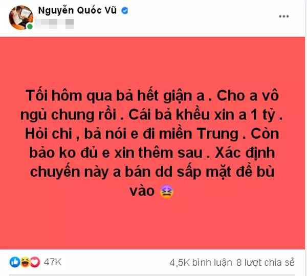 Mới đây trên trang cá nhân, CEO Nguyễn Quốc Vũ - ông xã của "nữ đại gia quận 7" Đoàn Di Băng đã cập nhật dòng trạng thái mới.