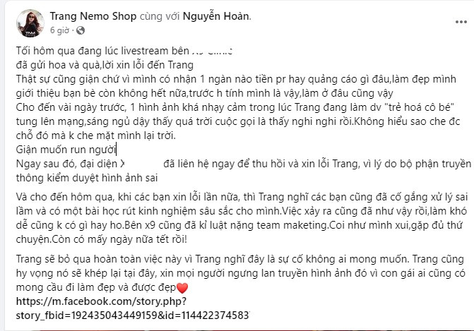 Tiếp đến hot girl Trang Nemo thông báo về việc thẩm mỹ viện đã đến làm việc và xin lỗi cô sau sự việc.