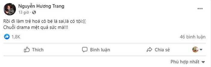 Đầu tiên là việc "hot girl bán hàng online" Trang Nemo lên tiếng khẳng định việc "tân trang" không hề sai và bày tỏ sự mệt mỏi với chuỗi "drama" bủa vây thời gian qua. Người đẹp quê Bến Tre nói: "Rồi đi làm trẻ hóa 'cô bé' là sai, là có tội hả? Chuỗi 'drama' mệt quá sức mà!"