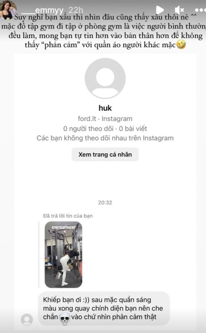 Một cư dân mạng đã thẳng thắn để lại bình luận và góp ý cách mặc đồ khi đi tập của bạn gái Mạnh Dũng. “Khiếp bạn ơi. Sau mặc quần sáng màu xong quay chính diện bạn nên che chắn vào chứ nhìn phản cảm thật”, người này ý kiến.