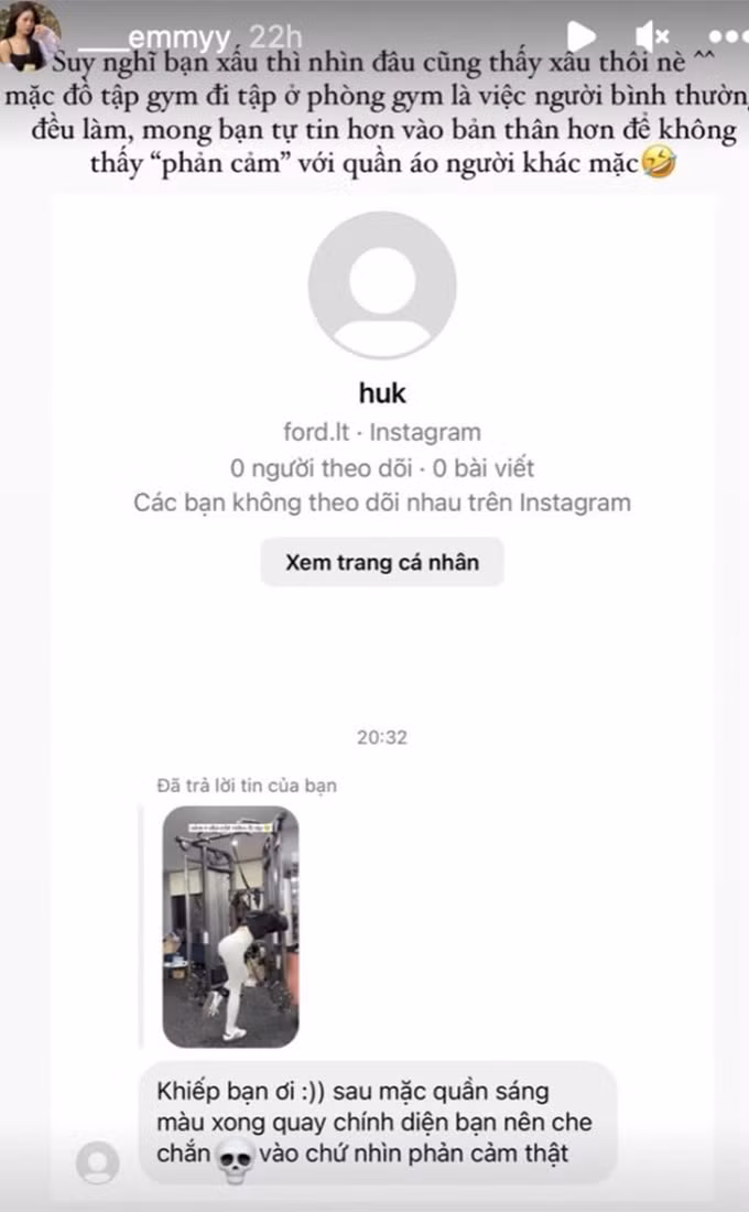 Một cư dân mạng đã thẳng thắn để lại bình luận và góp ý cách mặc đồ khi đi tập của bạn gái Mạnh Dũng. “Khiếp bạn ơi. Sau mặc quần sáng màu xong quay chính diện bạn nên che chắn vào chứ nhìn phản cảm thật”, người này ý kiến.