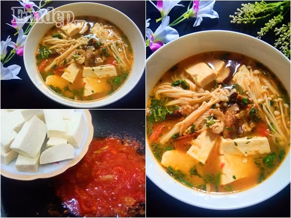 Nguyên liệu làm món canh đậu phụ nấm hương gồm: Đậu hũ: 400 gr, Nấm kim châm: 1 gói, Nấm hương: 6-7 tai, Cà chua: 2 quả, Hành lá, rau mùi, ỏi, Đường, hạt nêm, nước mắm, nguyên liệu làm món canh đậu hũ nấm hương gồm, Đậu hũ: 400 gr, Nấm kim châm: 1 gói, Nấm hương: 6-7 tai, cà chua: 2 quả, Hành lá, rau mùi, tỏi, Đường, hạt nêm, nước mắm.