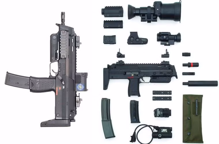 Độ dài khi mở báng và gấp báng là 638 mm và 415 mm, nòng dài 180 mm. Súng có báng dạng thanh dài, có thể đẩy vào trong thân dễ dàng giúp tiết kiệm không gian. Để thuận tiện khi sử dụng, H&amp;K thiết kế một tay nắm dọc có thể gập lại ở gần nòng MP7.